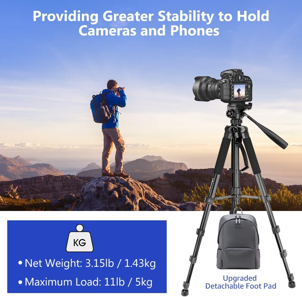 Aureday 74’’ Camera Tripod with Travel Bag,Cell Phone Tripod with Wireless Remote and Phone Holder, Compatible with DSLR Cameras,Cell Phones,Projector,Webcam,Spotting Scopes(Black) - Image 4