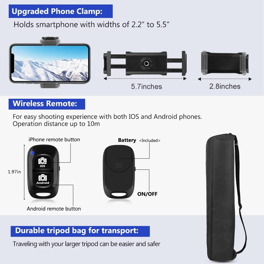 Aureday 74’’ Camera Tripod with Travel Bag,Cell Phone Tripod with Wireless Remote and Phone Holder, Compatible with DSLR Cameras,Cell Phones,Projector,Webcam,Spotting Scopes(Black) - Image 5