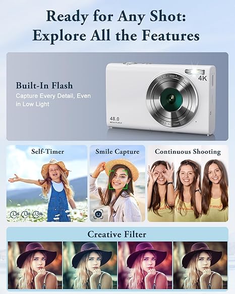 Digital Camera, 4K Autofocus Vlogging Camera with Flash, 48MP Point and Shoot Digital Camera with 16X Zoom, Anti-Shake, 32GB Card, Portable Compact Camera for Teens Adult Beginner(White) - Image 2