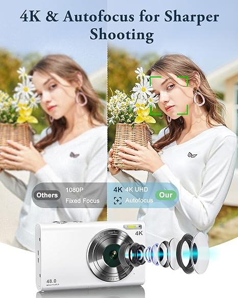Digital Camera, 4K Autofocus Vlogging Camera with Flash, 48MP Point and Shoot Digital Camera with 16X Zoom, Anti-Shake, 32GB Card, Portable Compact Camera for Teens Adult Beginner(White) - Image 4