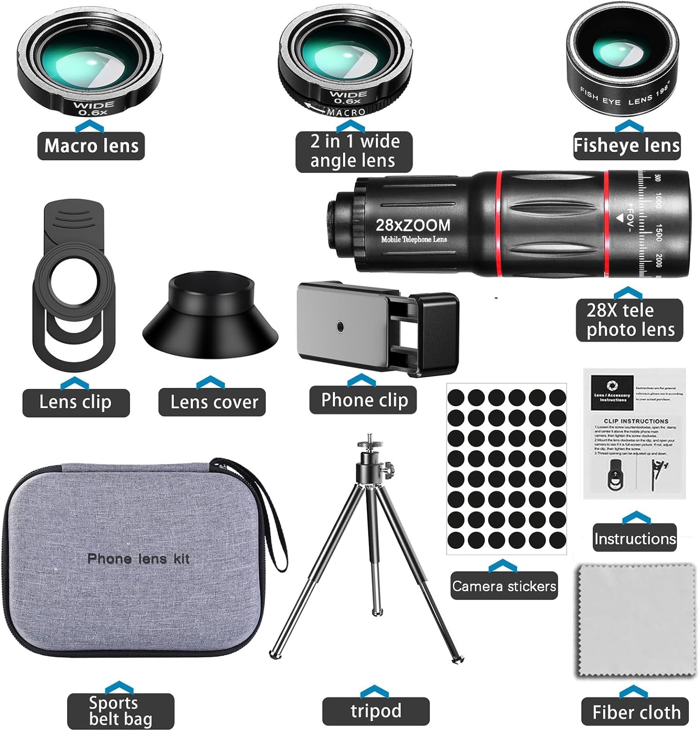 Phone Camera Lens Kit Wide Angle 0.6X Macro 20X Fisheye 198° for Most Smartphones - Image 2