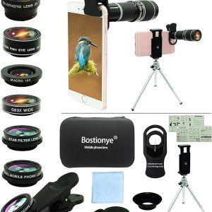 Cell Phone Camera Lens Kit,11 in 1 Universal 20x Telephoto Lens,0.63Wide Angle+15X Macro+198°Fisheye+2X Telephoto+Kaleidoscope+CPL/Starlight/Eyemask/Tripod,for Most iPhone Smartphone (Black)