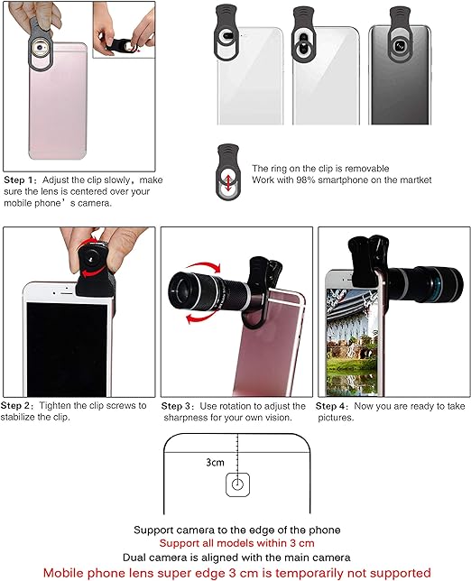 Cell Phone Camera Lens Kit,11 in 1 Universal 20x Telephoto Lens,0.63Wide Angle+15X Macro+198°Fisheye+2X Telephoto+Kaleidoscope+CPL/Starlight/Eyemask/Tripod,for Most iPhone Smartphone (Black) - Image 5